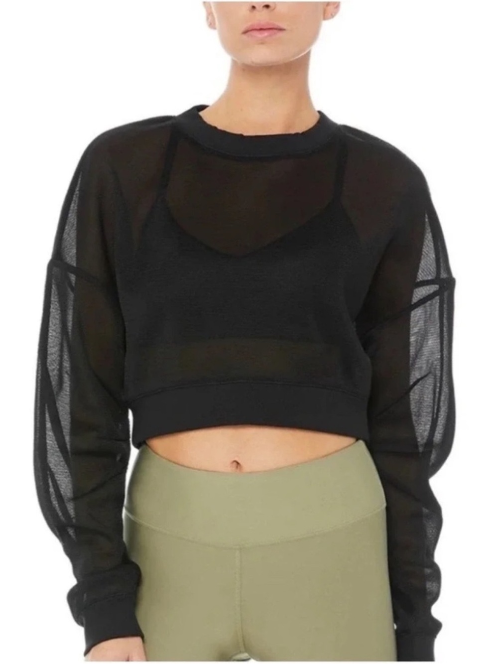 Black Sheer Cropped Long Sleeve Top - Picture 2 of 2